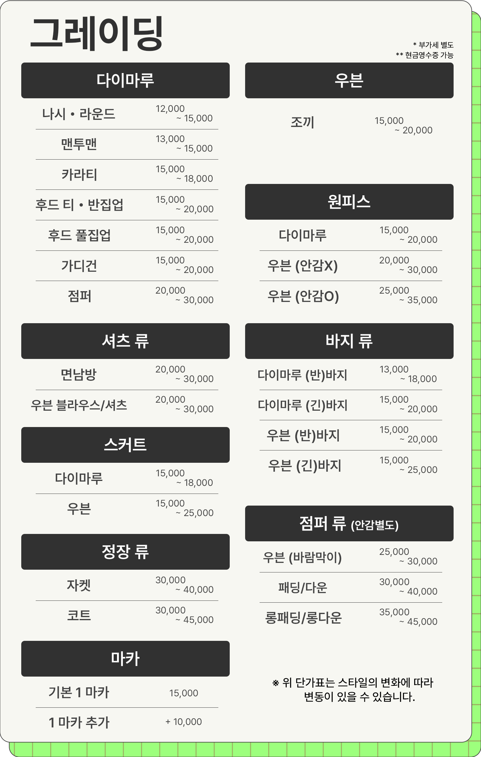 그레이딩 단가표